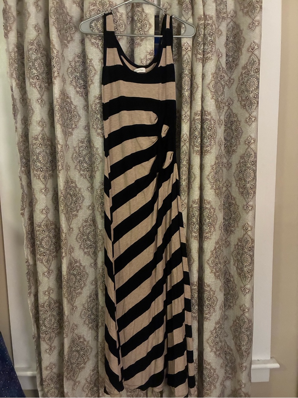 Calvin Klein Black and Beige Striped Maxi Dress